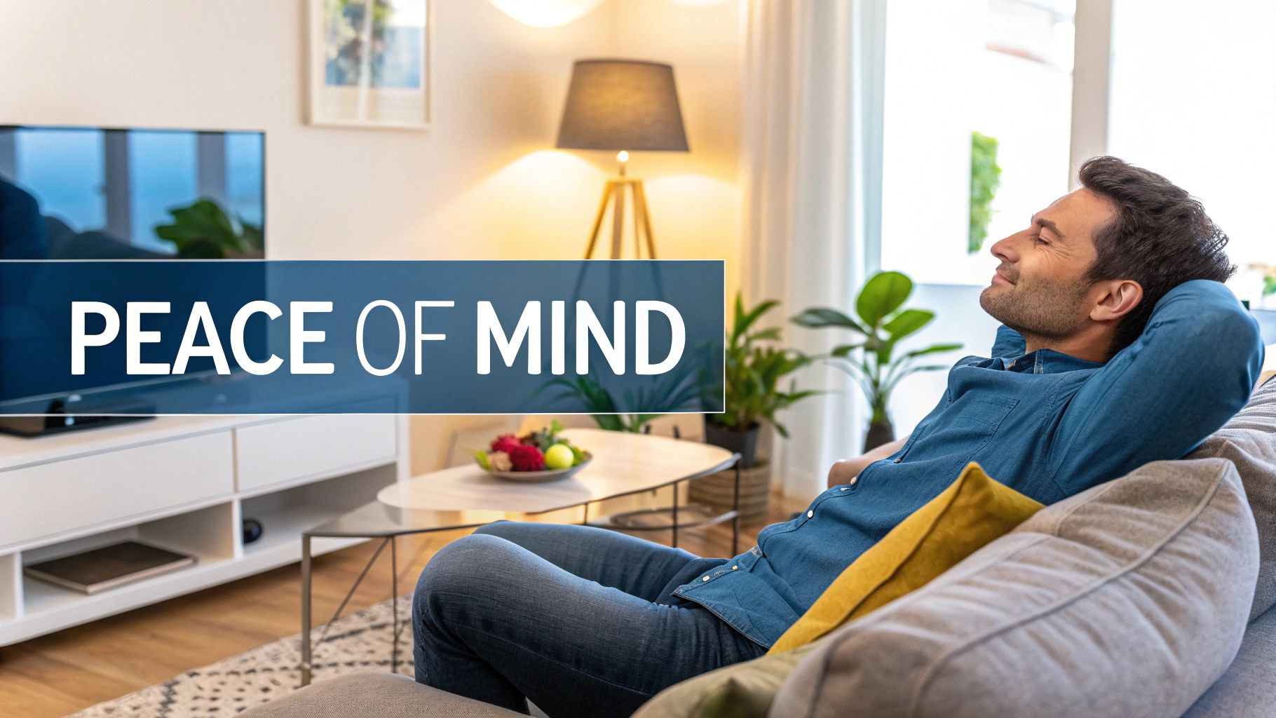 A homeowner relaxing in a cool, comfortable living room with sunlight streaming in.
