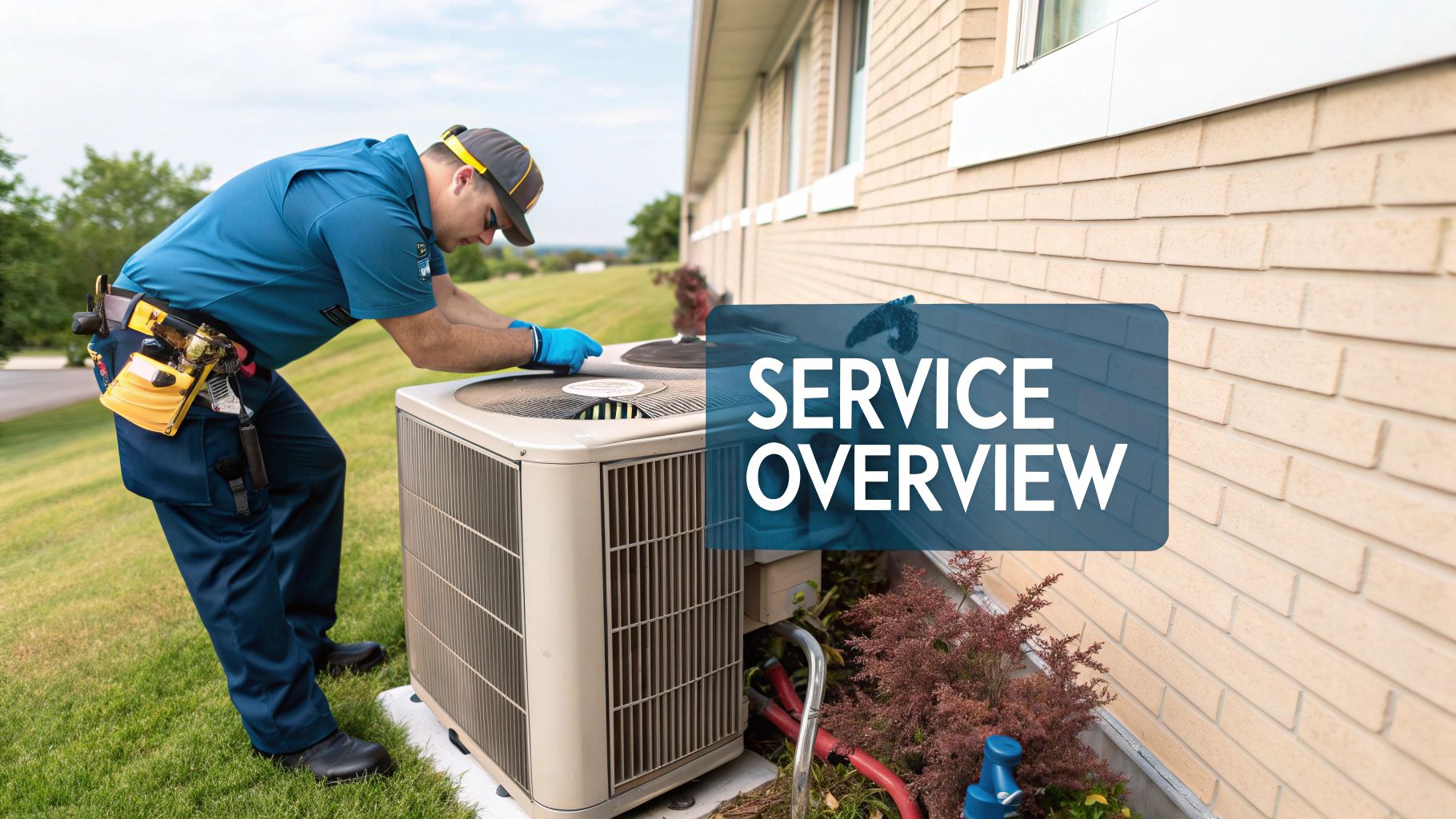A technician inspecting an outdoor air conditioning unit