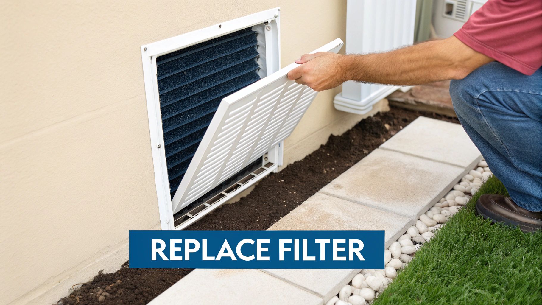 A dirty, clogged air filter being removed from an HVAC unit.