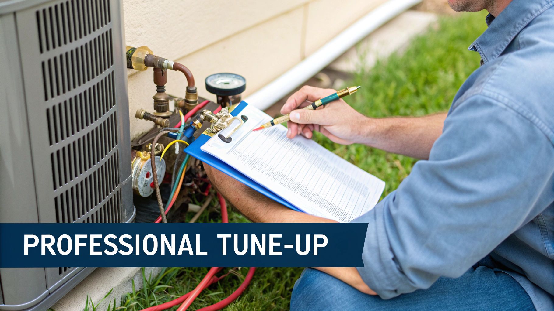Technician examining the internal components of an air conditioning unit.