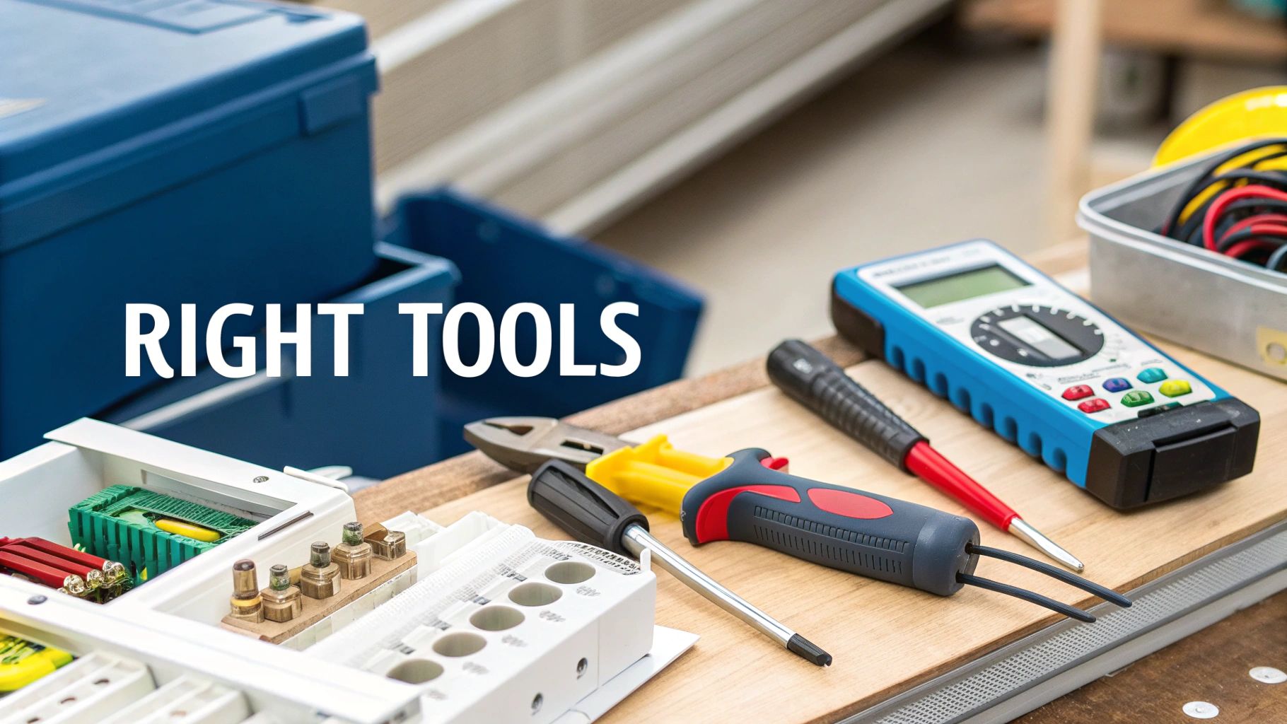 A collection of tools needed for AC fuse replacement, including a multimeter, insulated screwdriver, and replacement fuses.