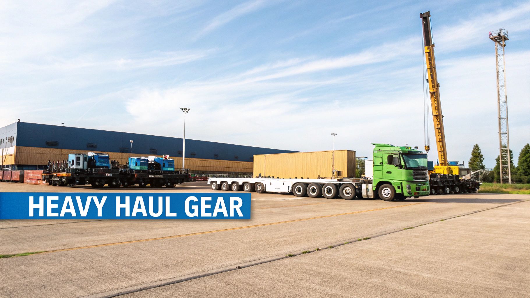 A large specialized truck designed for heavy load logistics is shown on a highway, transporting a massive industrial component.