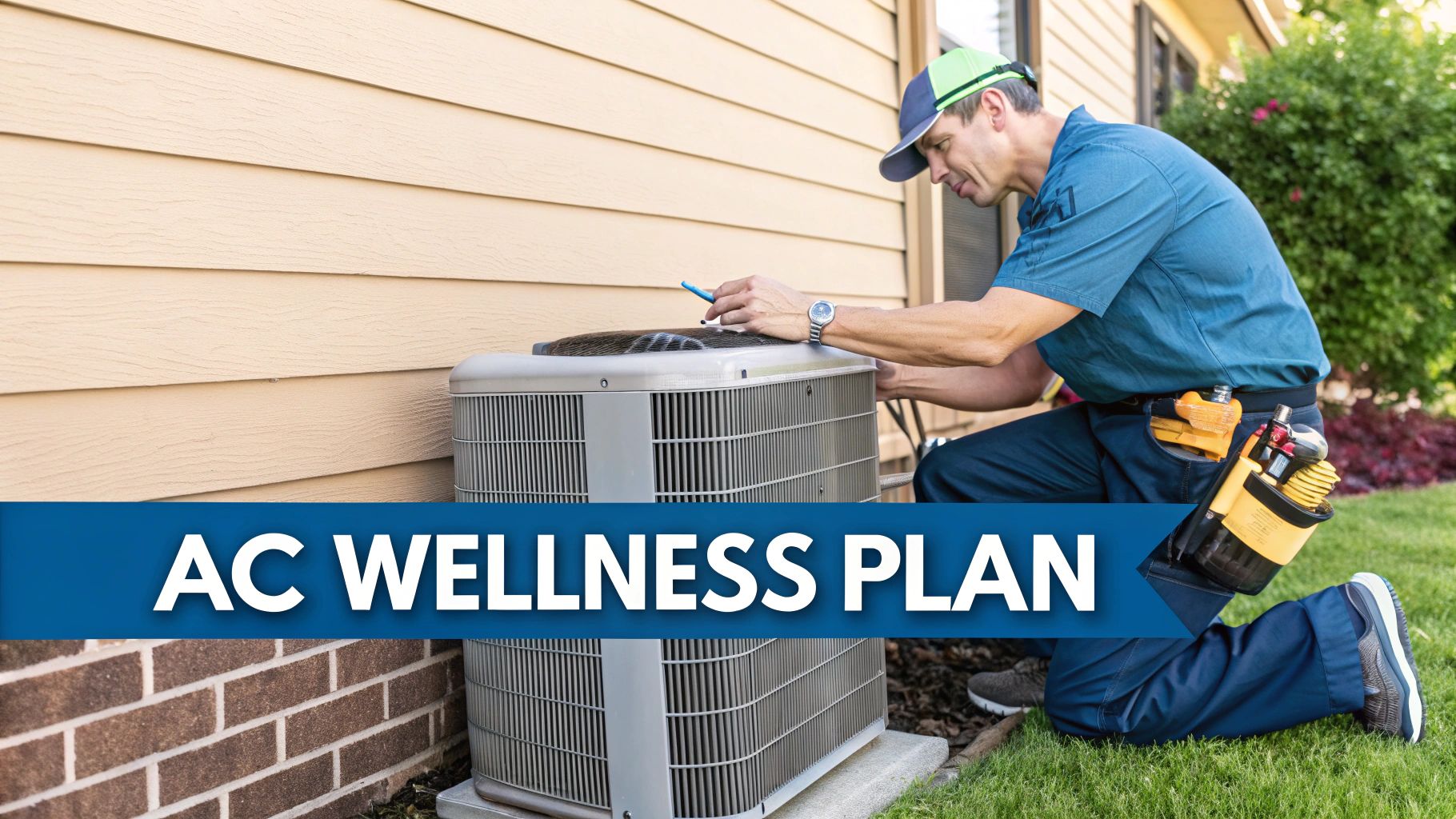 An HVAC technician working on an outdoor air conditioning unit