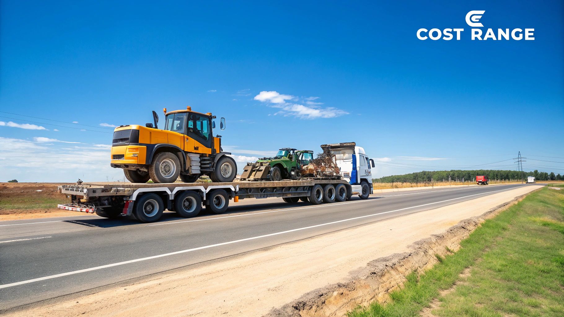 An excavator being loaded onto a heavy haul truck.