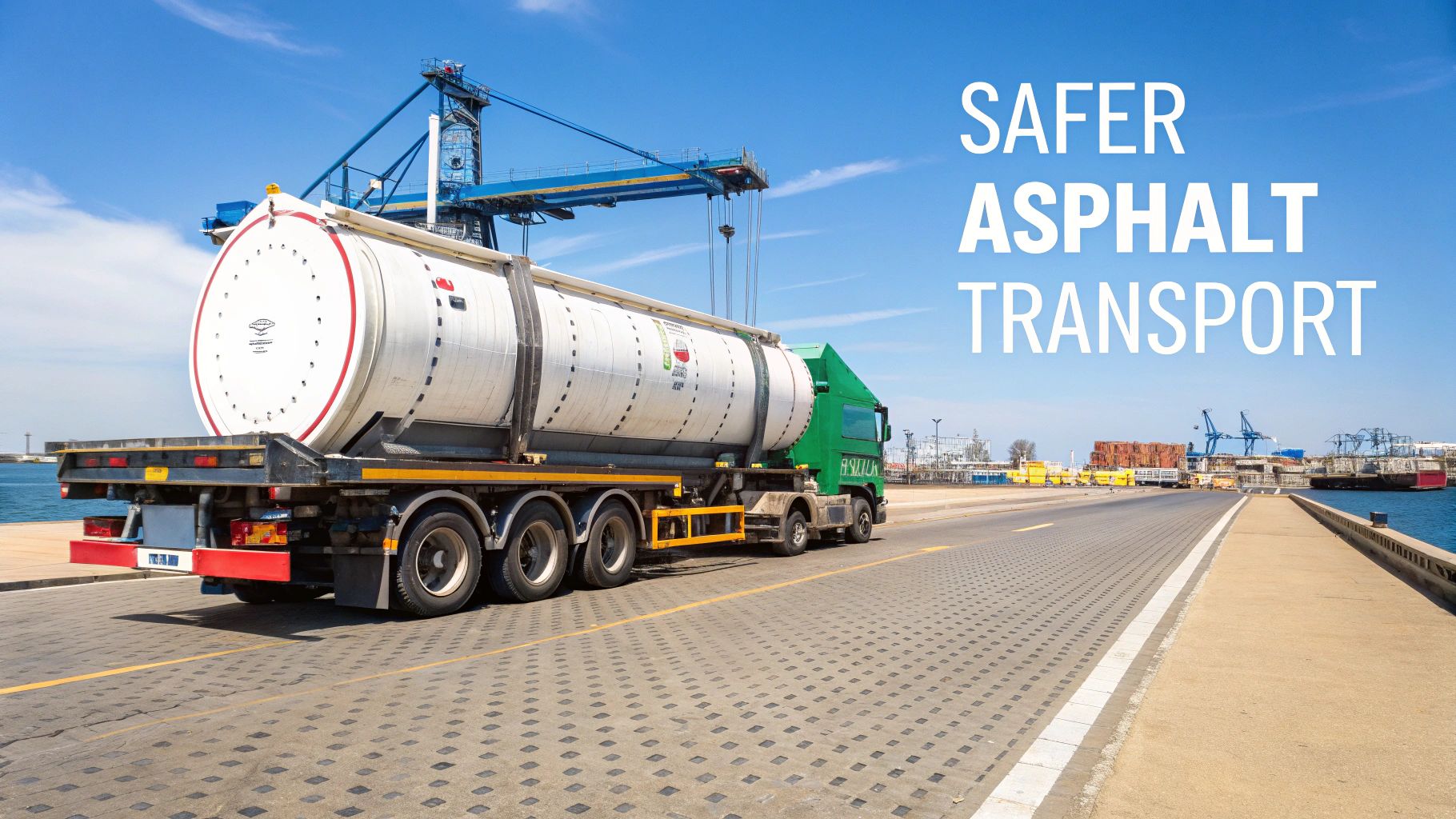 Workers managing the transport of asphalt in a large container near a construction site