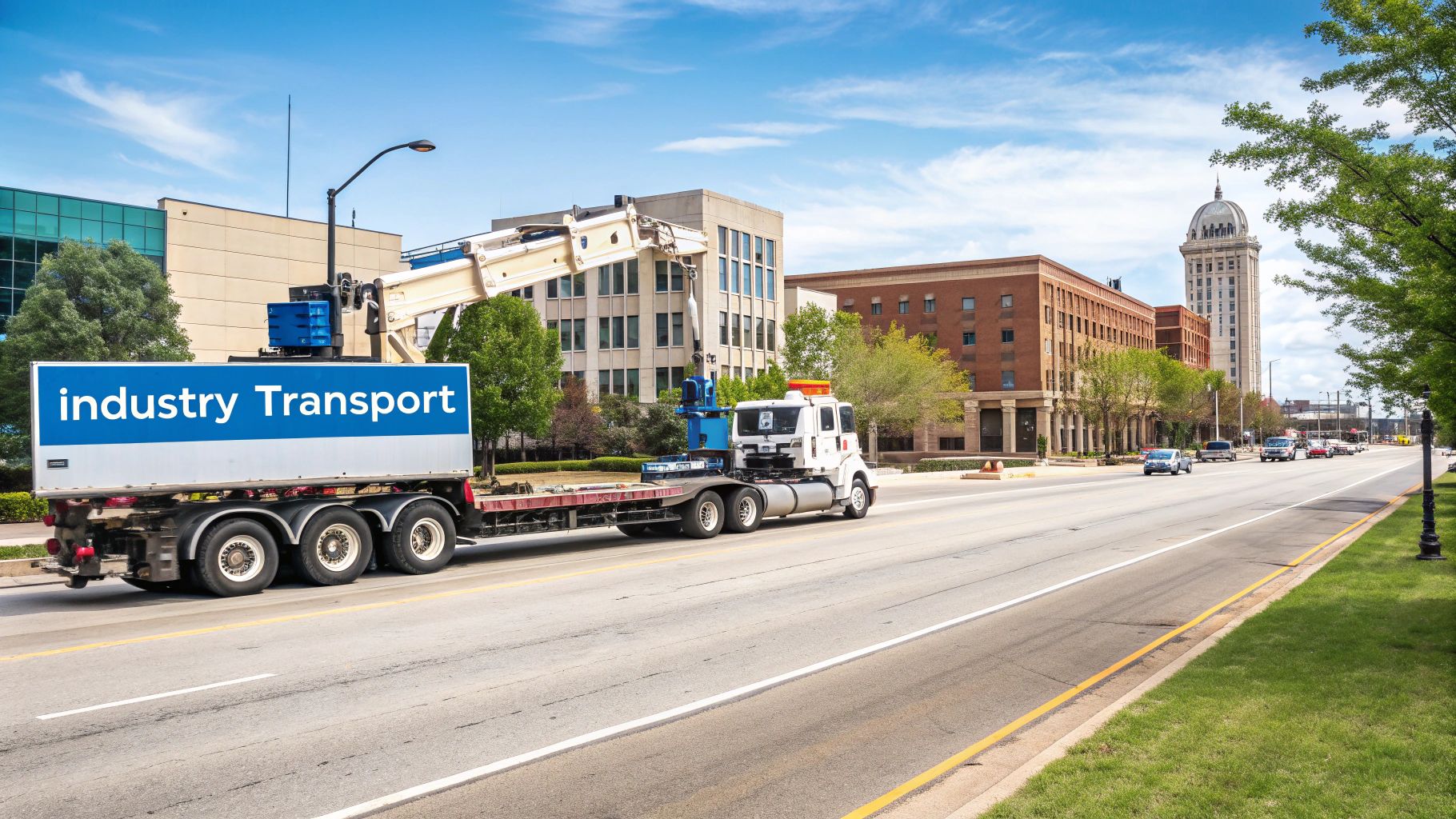 A lowboy trailer hauling a massive yellow excavator on a highway, showcasing its use in construction.