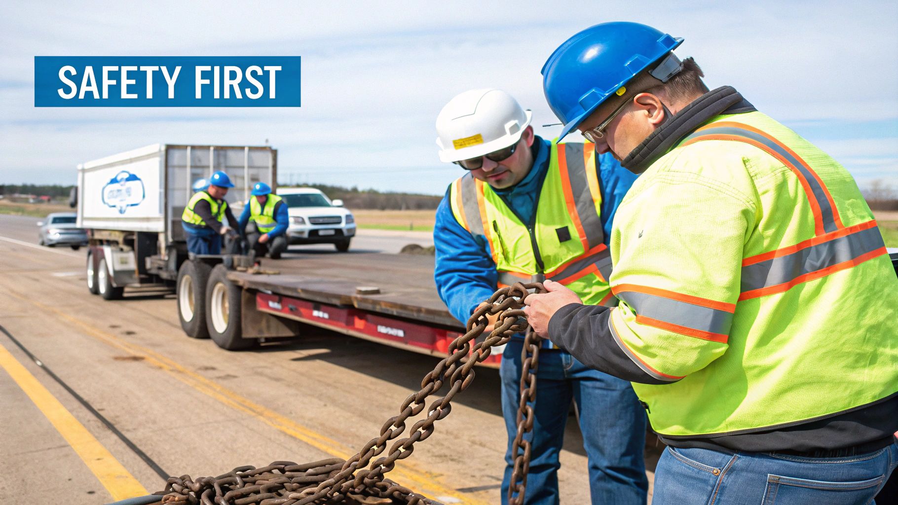 Team of workers in safety vests securing heavy industrial equipment onto a large trailer for transport.