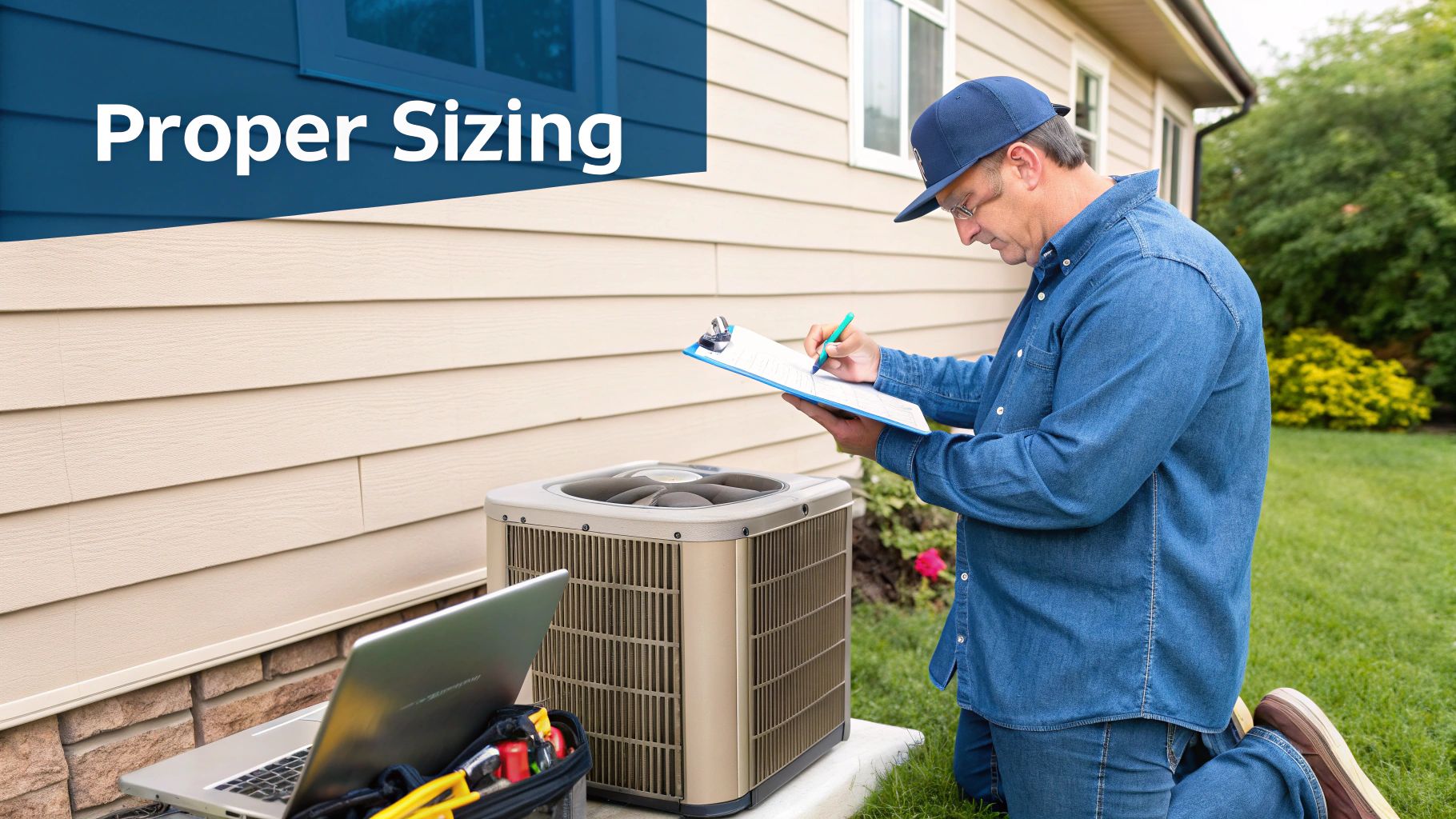 A professional HVAC technician carefully inspecting a new high-efficiency unit.