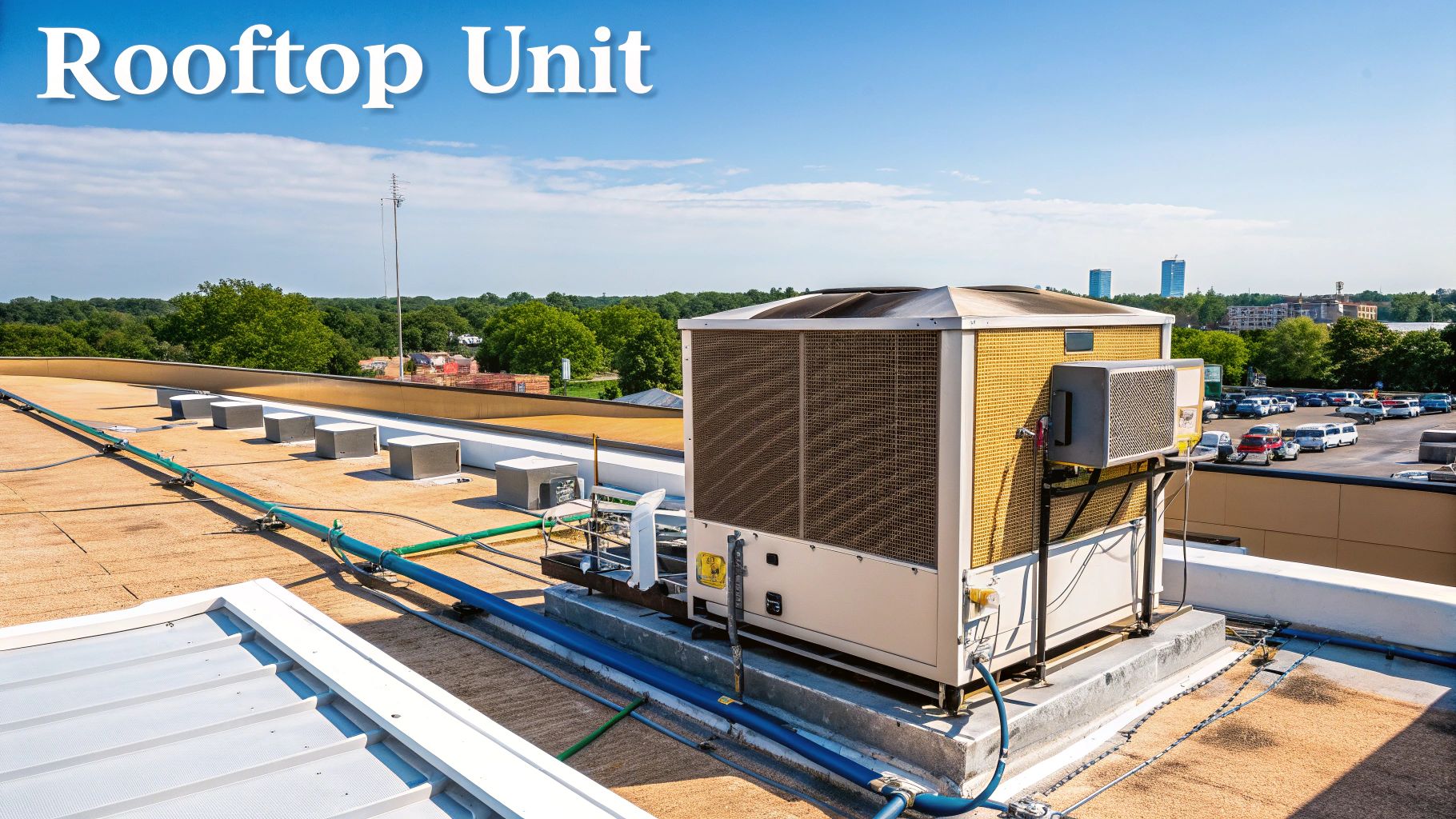 A commercial HVAC rooftop packaged unit on the roof of a large retail store.
