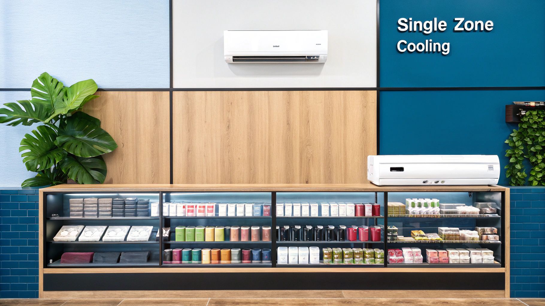 A single-split HVAC system with an outdoor unit mounted on a wall and an indoor unit visible inside a small office.