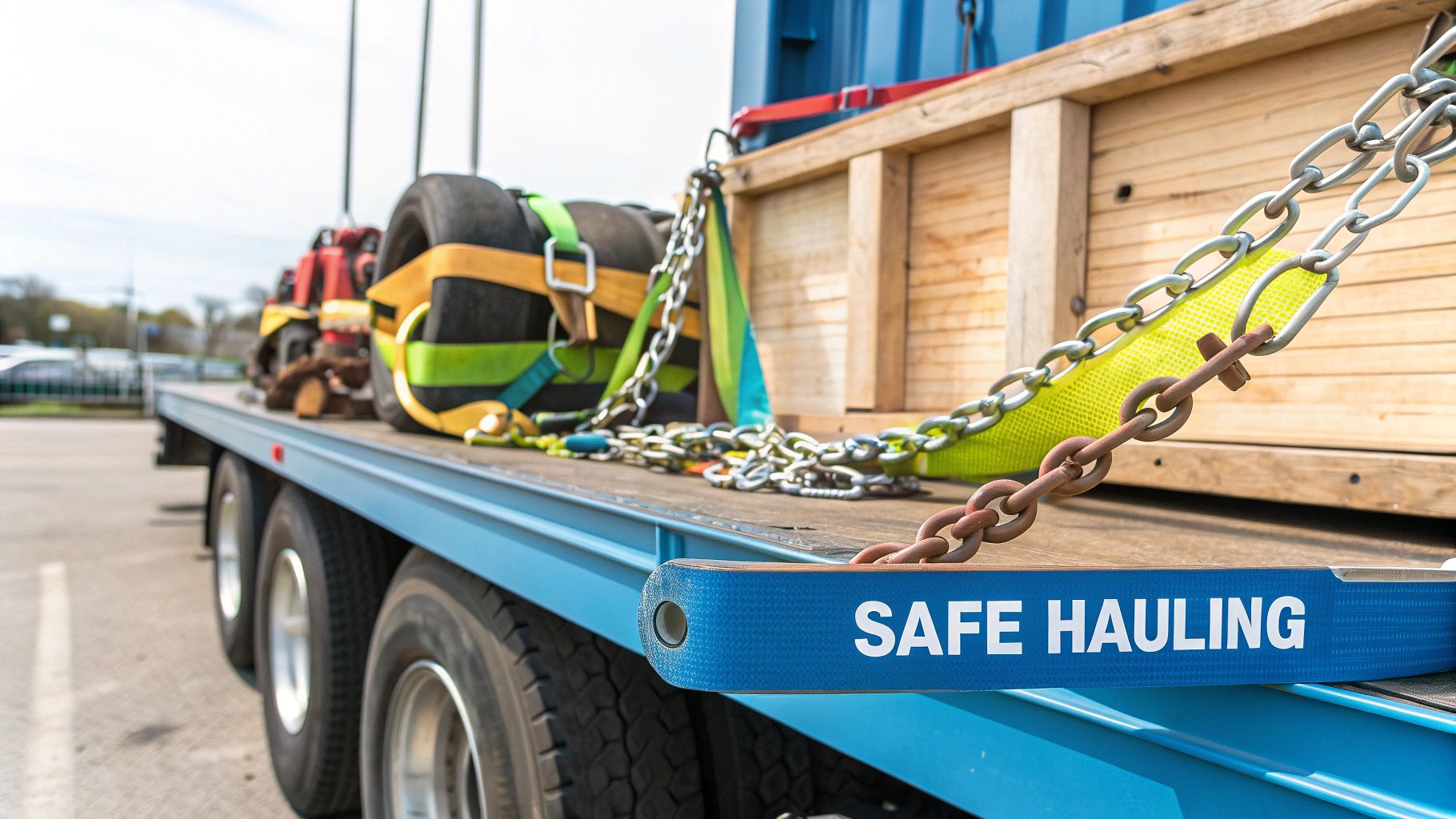 A well-secured load on an open deck trailer ready for transport.