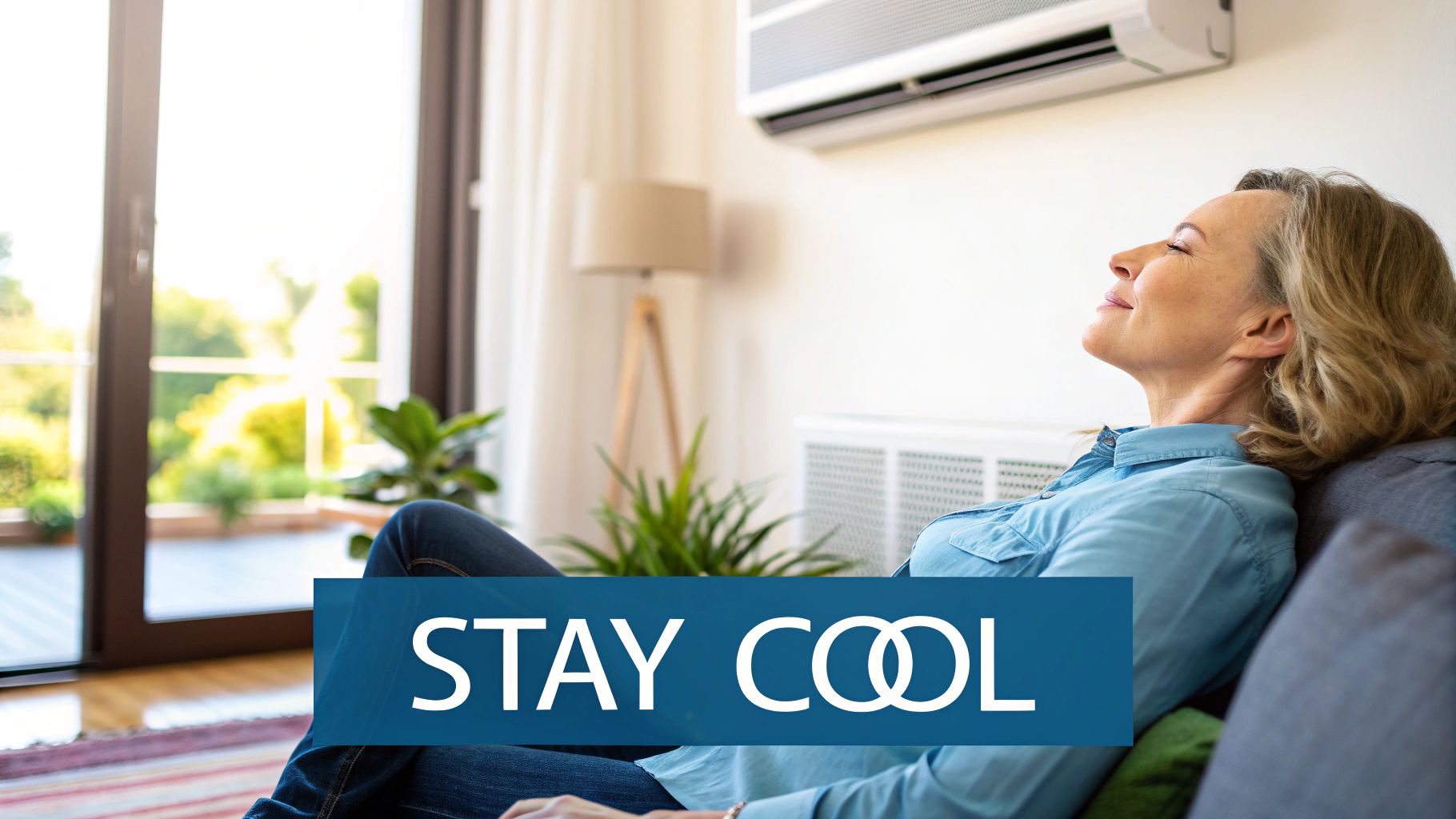 A modern air conditioning unit installed outside a Florida home, with palm trees in the background.