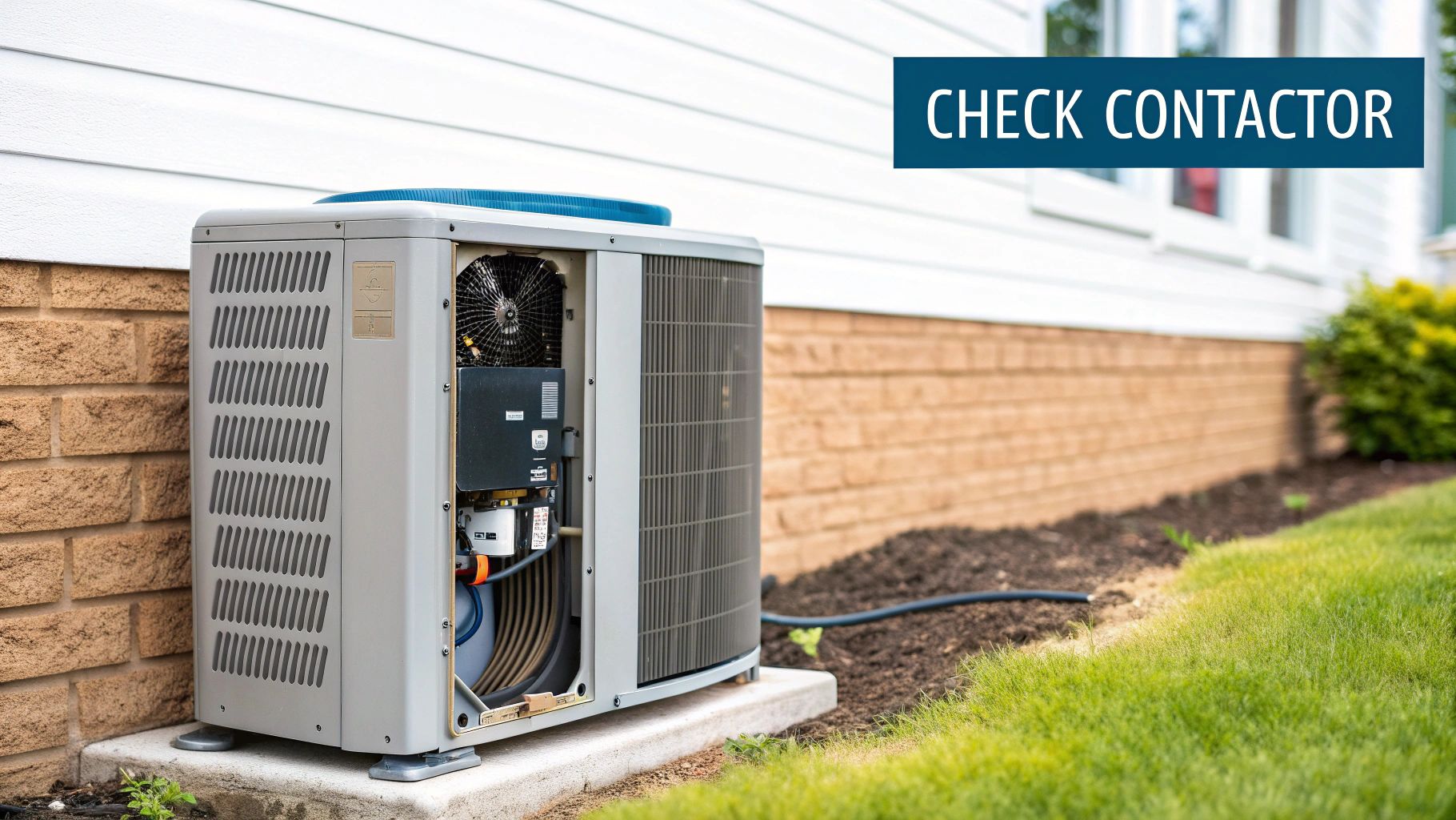 A close-up view of an AC contactor inside an outdoor unit, showing the wires and plunger.