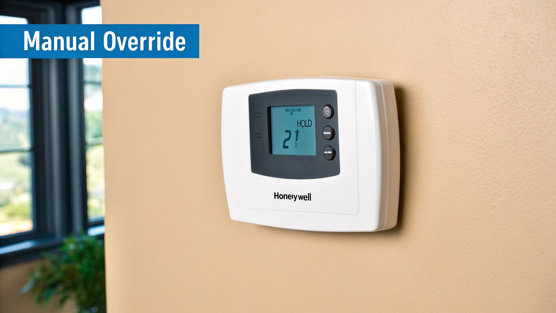 A close-up of a Honeywell thermostat with the 'Hold' button visible.