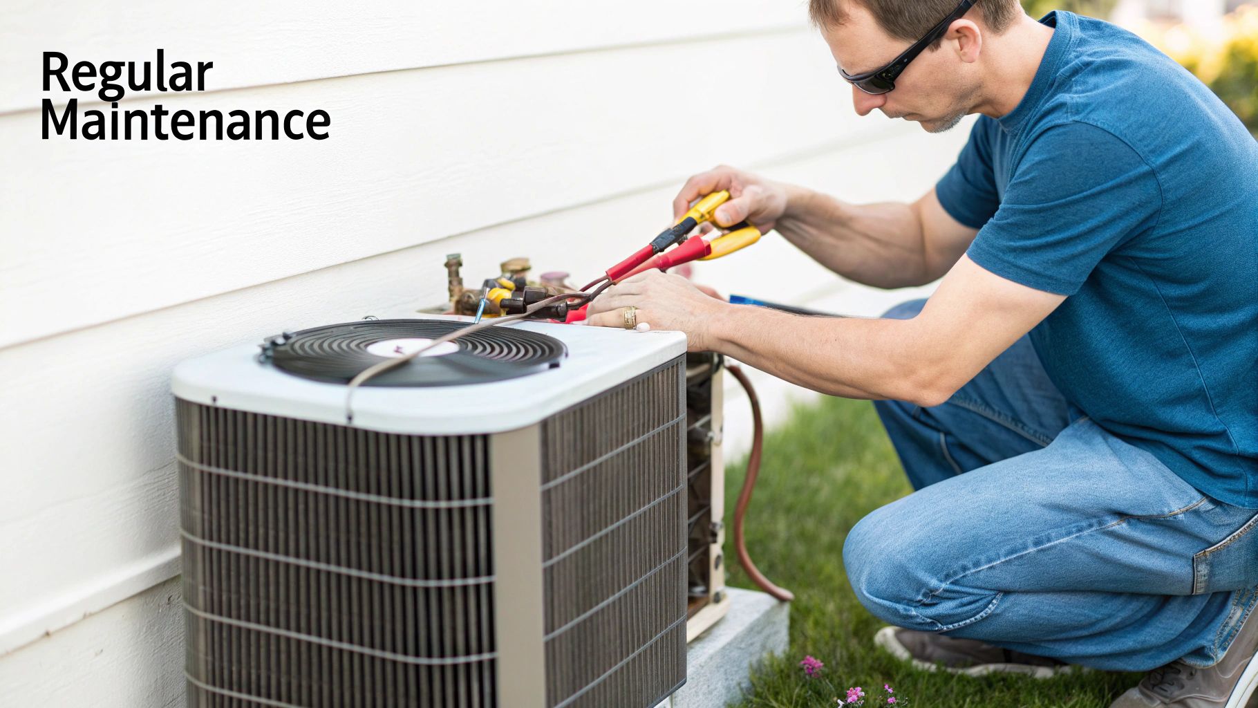 A smiling HVAC technician performing maintenance on an outdoor AC unit.