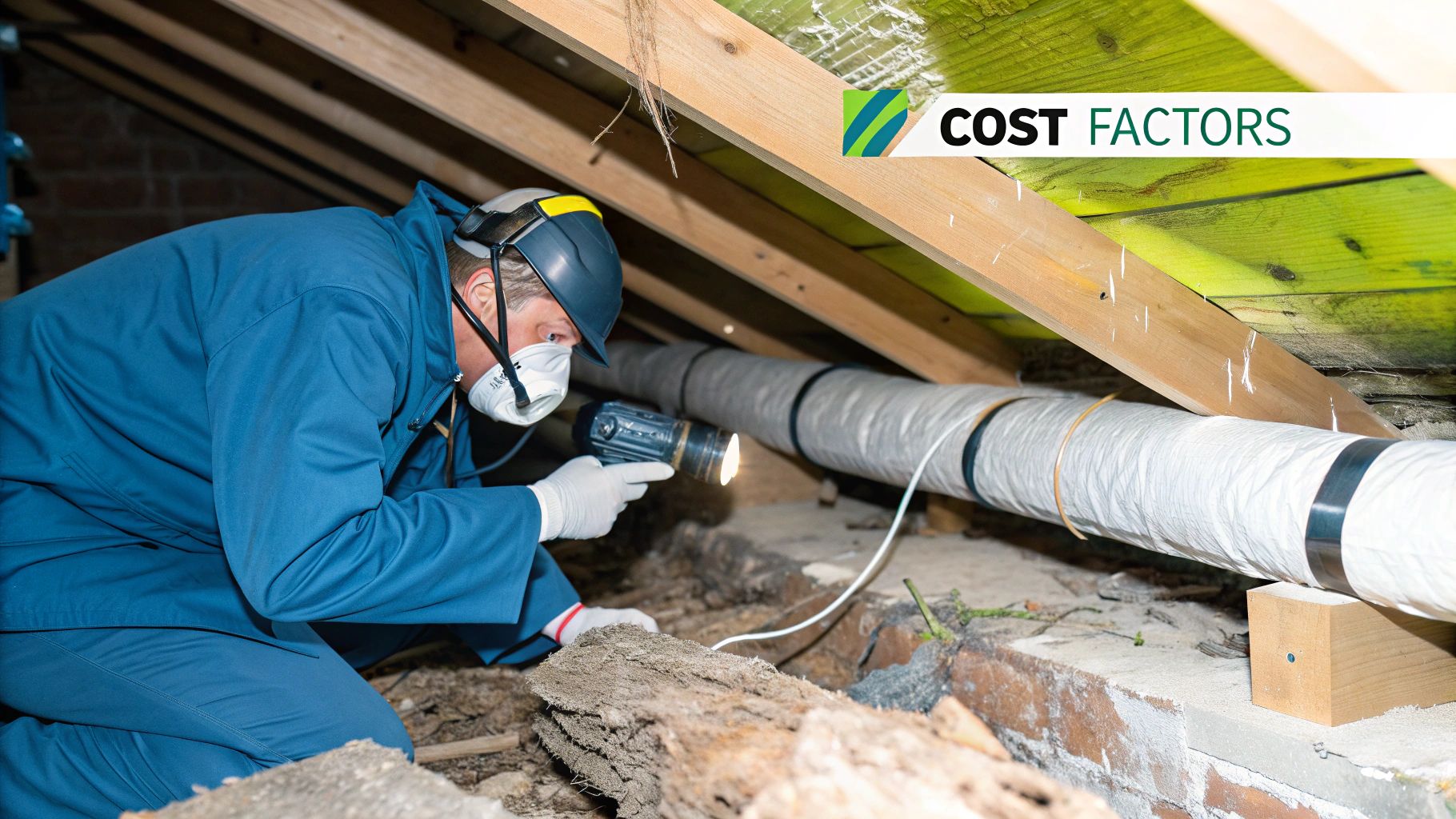 Technician inspecting HVAC ductwork in an attic