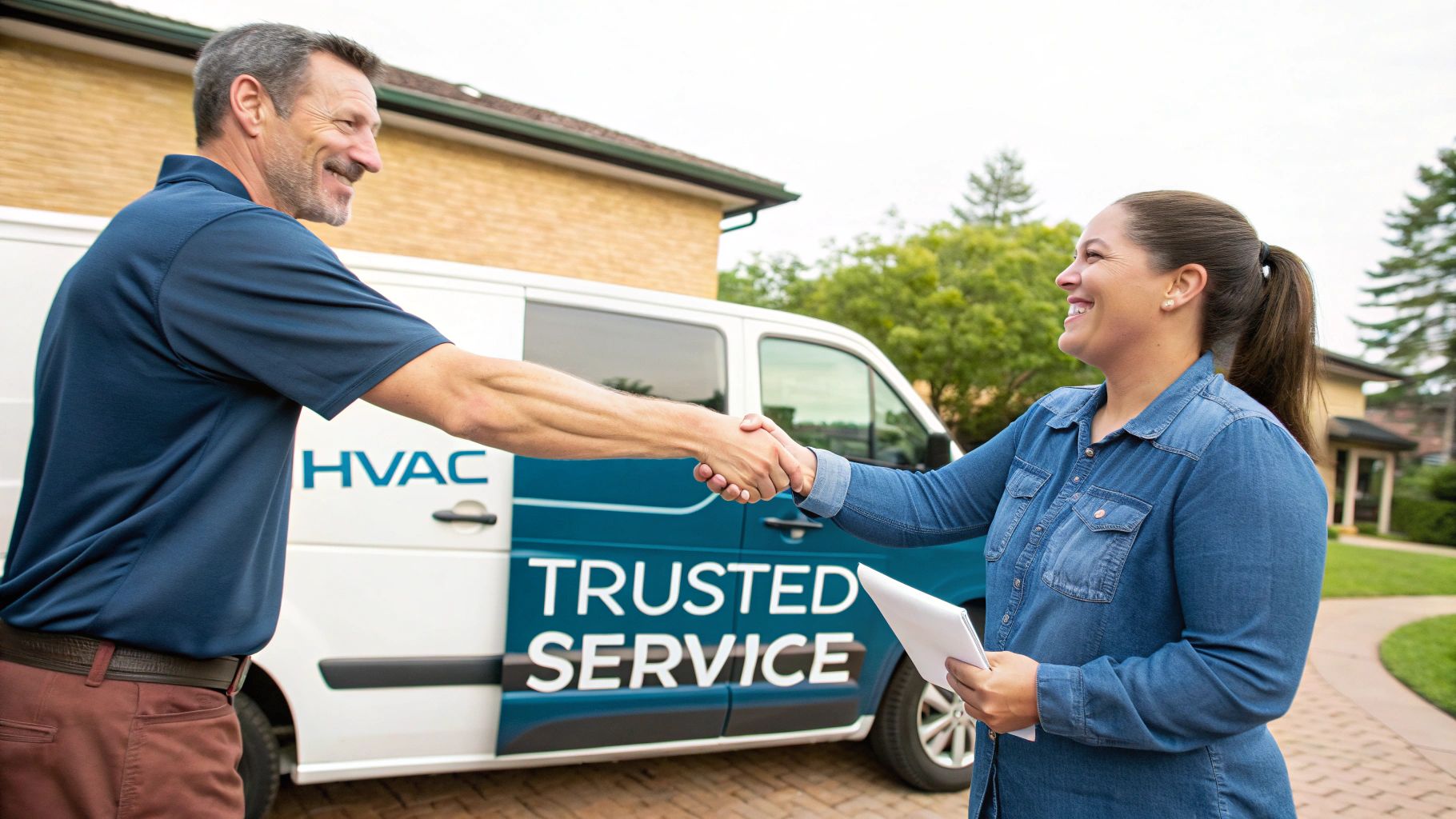 A smiling HVAC technician holding a tablet and standing in front of a service van.