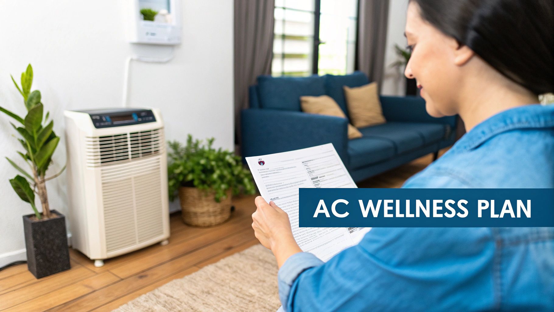 A technician inspecting an outdoor AC unit with tools nearby