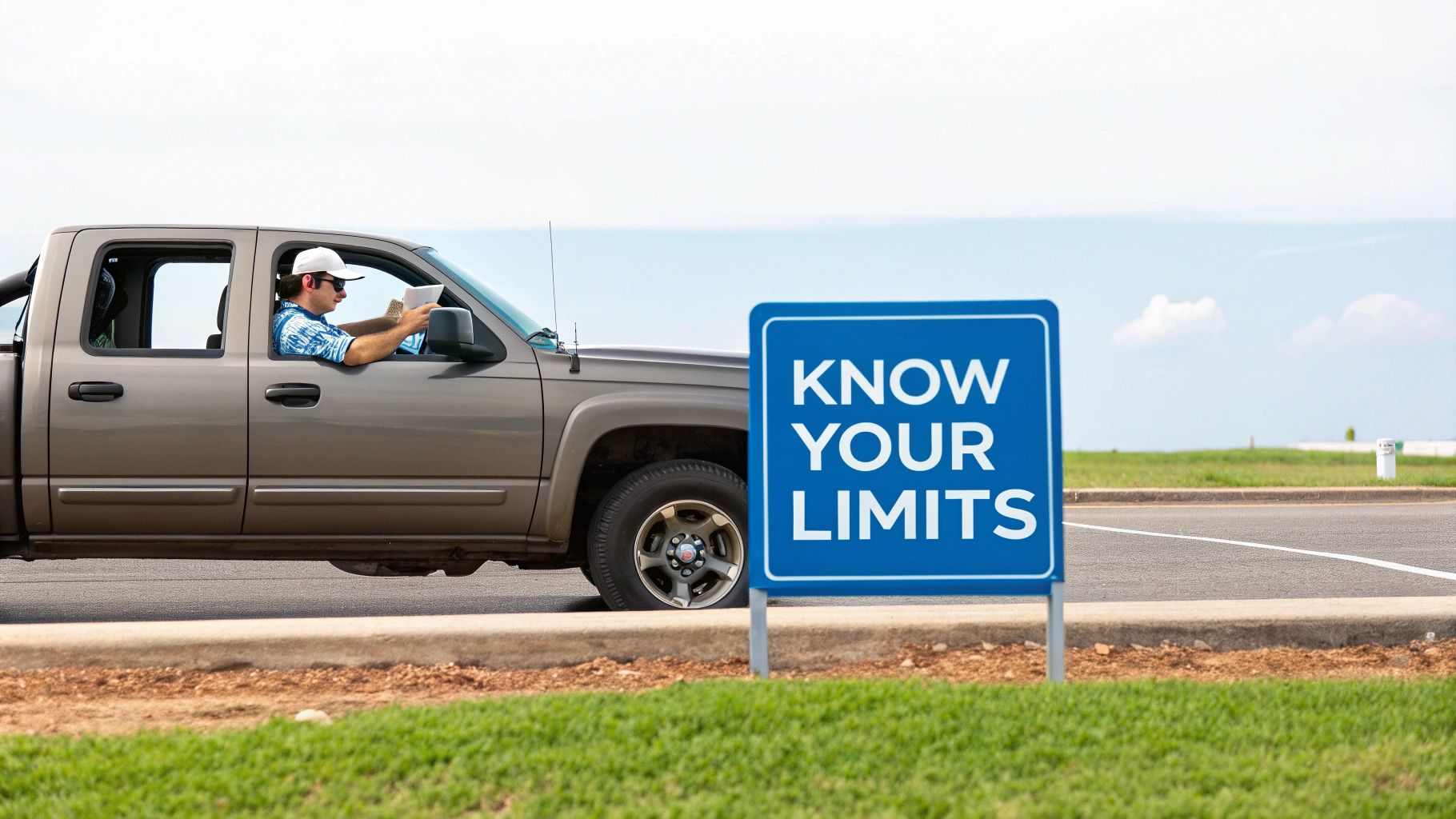 A powerful white truck towing a large trailer on a highway, symbolizing the concept of hauling capacity.