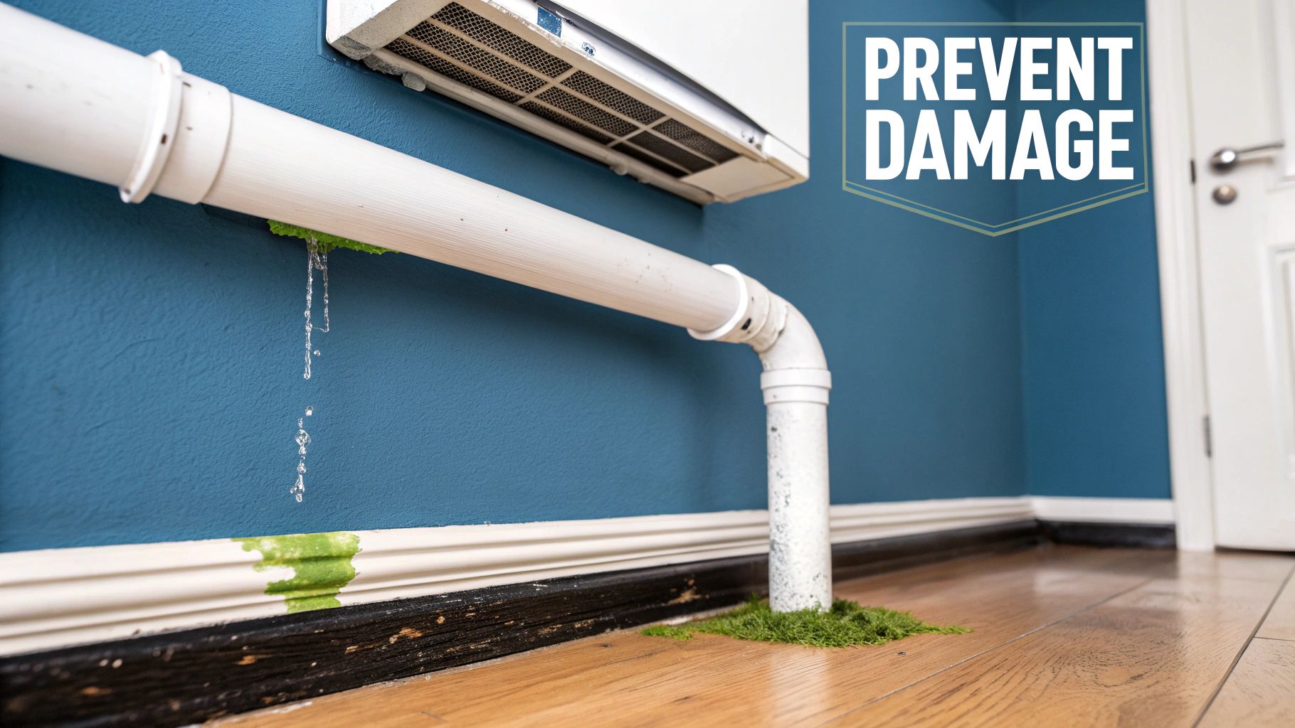 A dirty AC condensate drain line with visible buildup and moisture