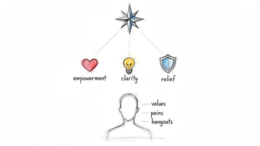 A diagram with a compass star linking to empowerment, clarity, and relief, connected to a person's values, pains, and hangouts.