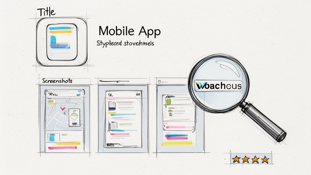 Hand-drawn sketch illustrating a mobile app concept with an icon, title, screenshots, search bar, and user ratings.