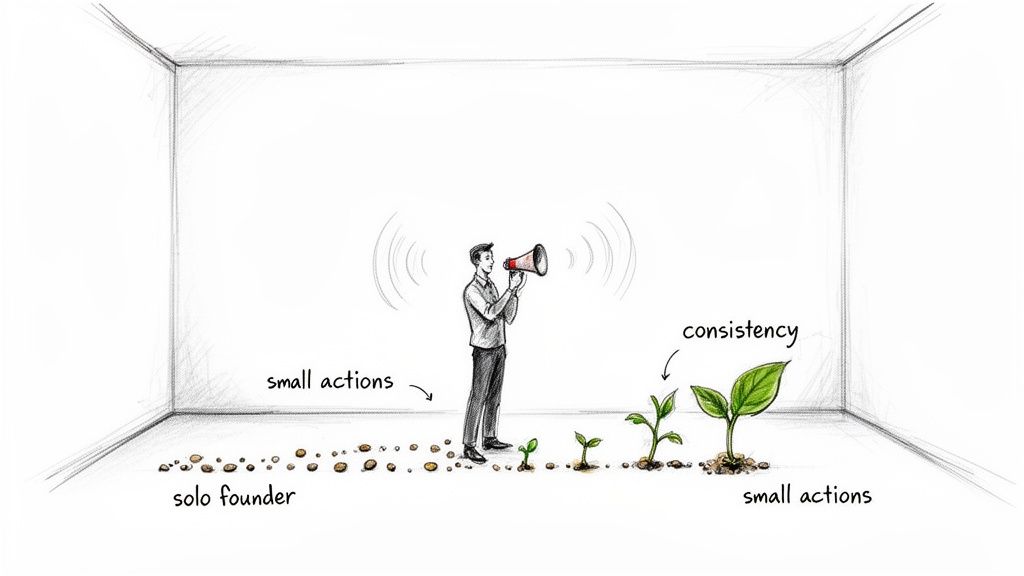A solo founder's journey: consistent small actions grow a business from pebbles to a flourishing plant.