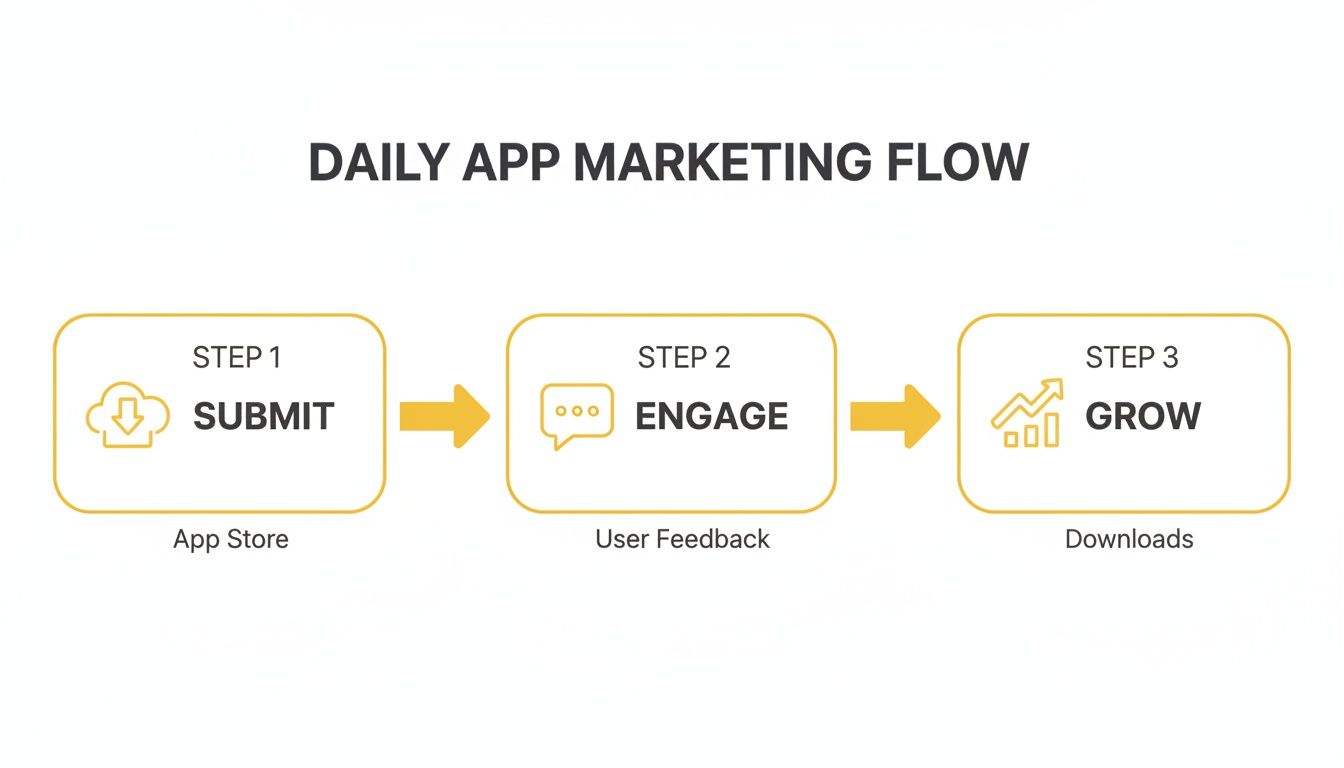 Diagram illustrating the daily app marketing flow: submit to App Store, engage feedback, grow downloads.