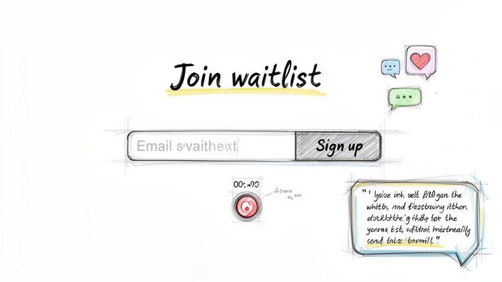 Hand-drawn sketch of an app waitlist signup form with email input and sign-up button.