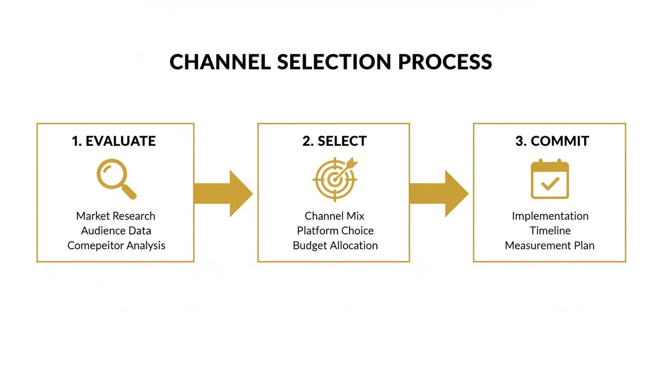 A visual depicting the three-step channel selection process: Evaluate, Select, and Commit.