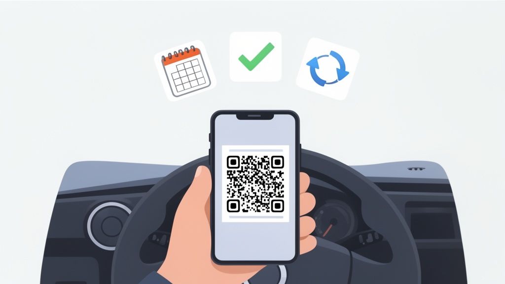 Hand houdt smartphone met QR-code vast in een auto, met kalender-, vinkje- en vernieuw-pictogrammen.