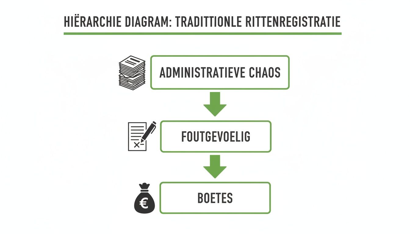 Hiërarchie diagram over traditionele rittenregistratie met administratieve chaos, foutgevoeligheid en boetes als gevolg.
