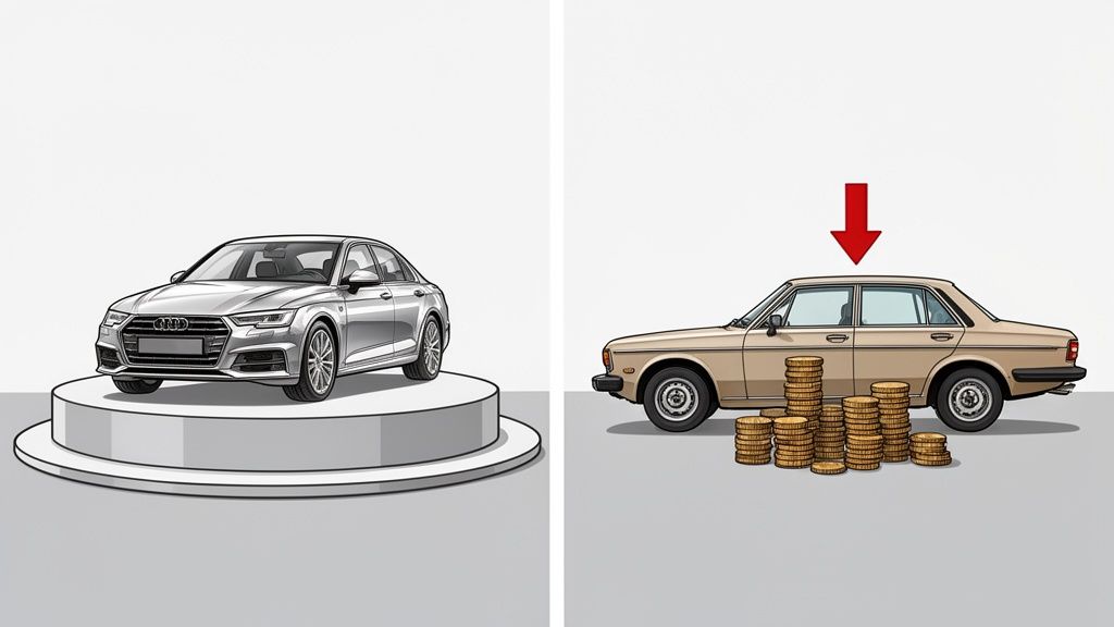 Een moderne zilveren auto op een verhoogd podium en een oudere beige auto met stapels gouden munten en een neerwaartse rode pijl.