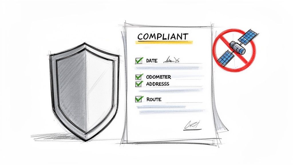 Schild en compliantie document met afvinklijst voor datum, kilometerteller, adres en route, zonder GPS.