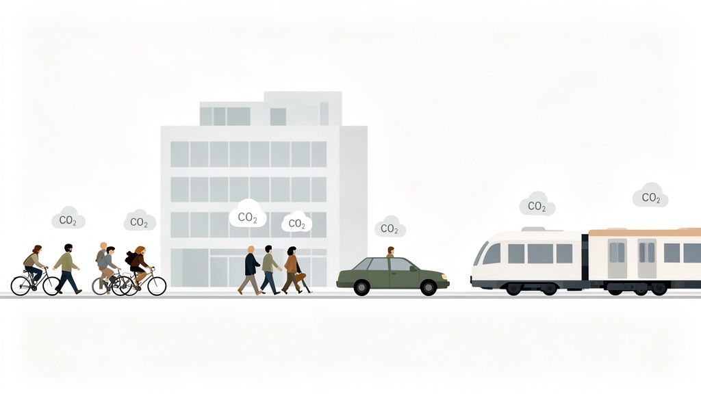Overzicht van stedelijk vervoer met CO2-uitstoot: wandelen, fietsen, auto en trein naast een gebouw.