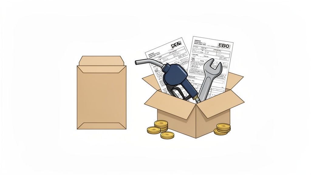 Een open doos met brandstofpomp, sleutel, documenten en munten, naast een gesloten envelop, symboliseert voertuigkosten.