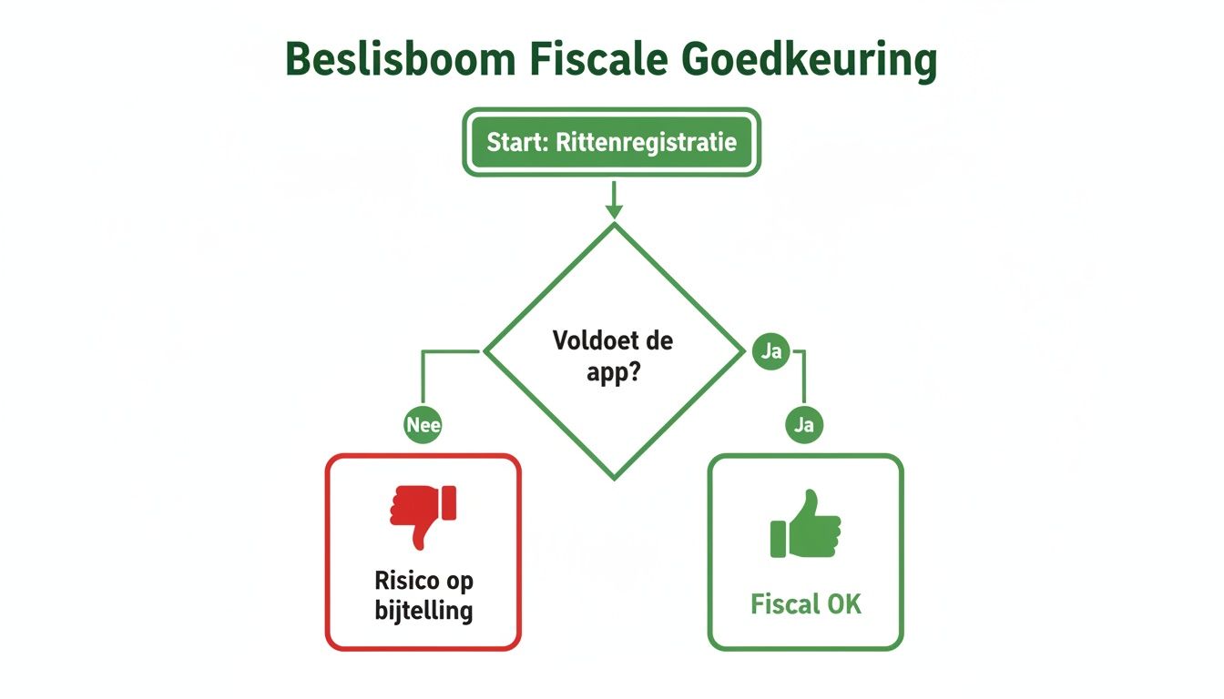 Beslisboom voor fiscale goedkeuring van rittenregistratie, met stappen voor app-conformiteit en uitkomsten.