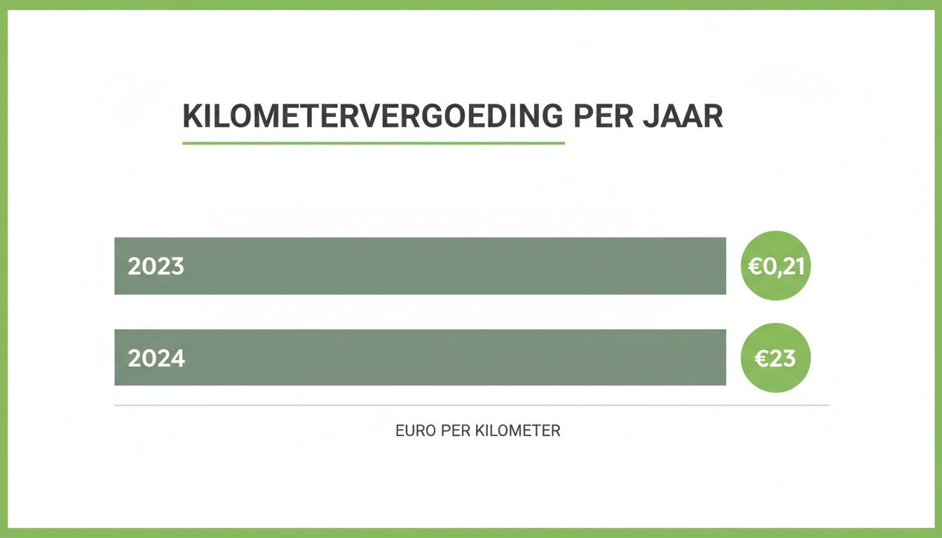 Overzicht van kilometervergoeding per jaar: €0,21 in 2023 en €0,23 in 2024.