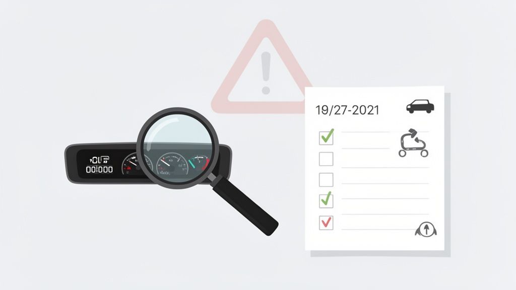 Afbeelding van een vergrootglas boven een autodashboard en een checklist met datums en pictogrammen, inclusief een waarschuwingsdriehoek.