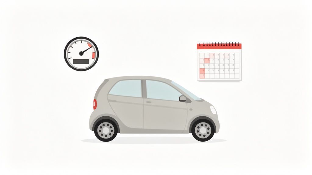 Een grijze auto afgebeeld met een snelheidsmeter en een kalender, wat ritduur of gebruik symboliseert.