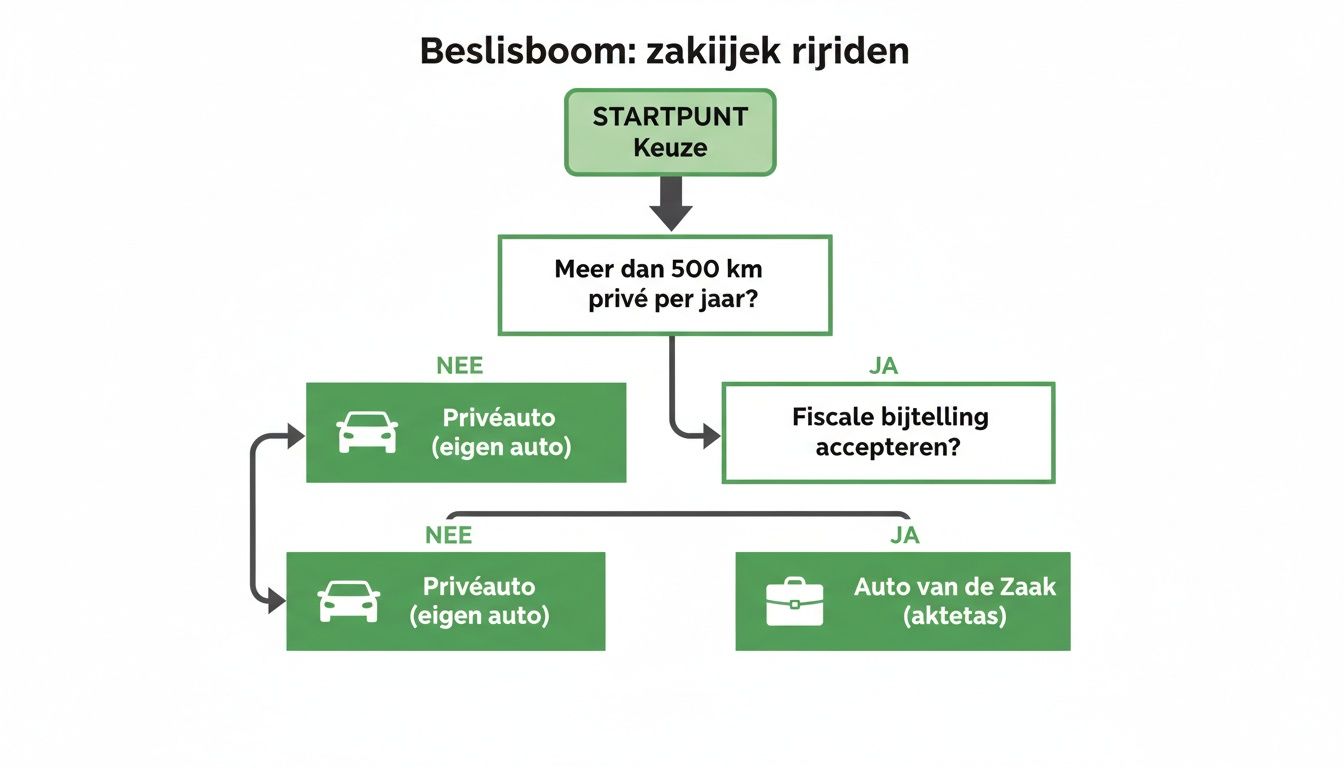 Beslisboom voor zakelijk rijden. Schematisch overzicht van keuzes tussen privéauto of auto van de zaak.