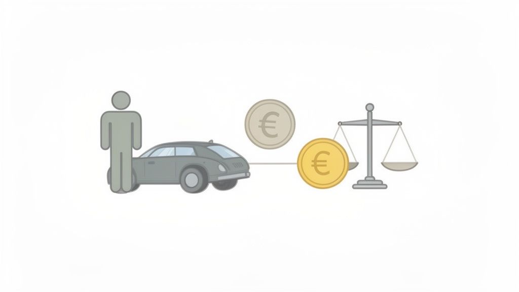 Illustratie van een persoon, een auto en euromunten op een weegschaal, wat bijtelling of kosten symboliseert.