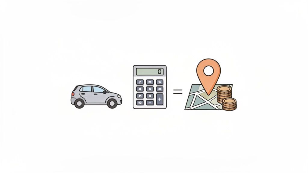 Een auto, rekenmachine en een gelijkteken leiden naar een kaart met locatiepin en munten, wat reiskosten symboliseert.