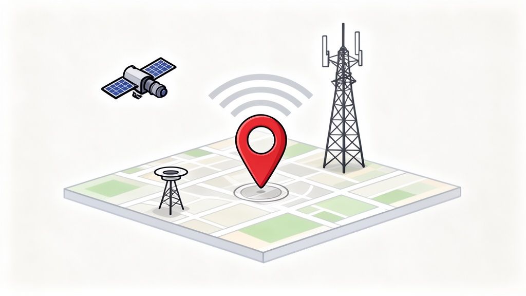 Een illustratie van locatiebepaling met een satelliet, zendmasten en een rode pin op een kaart.