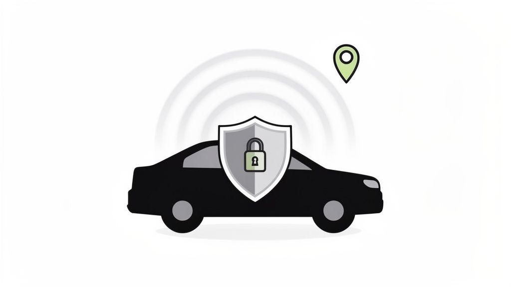 Zwarte auto met schild en hangslot, omringd door signaalgolven en een locatiepin, wat een auto volgsysteem of beveiliging voorstelt.