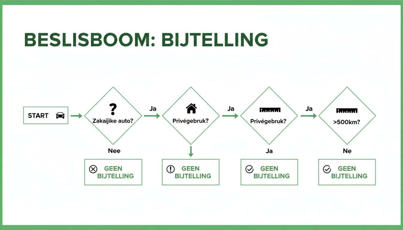 Beslisboom die uitlegt wanneer er sprake is van bijtelling voor een zakelijke auto op basis van privégebruik en kilometers.
