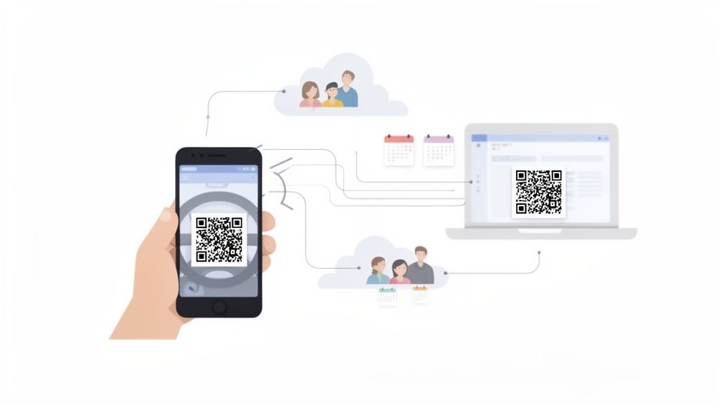 Hand scant QR-code met smartphone, verbonden met mensen, kalenders en laptop.