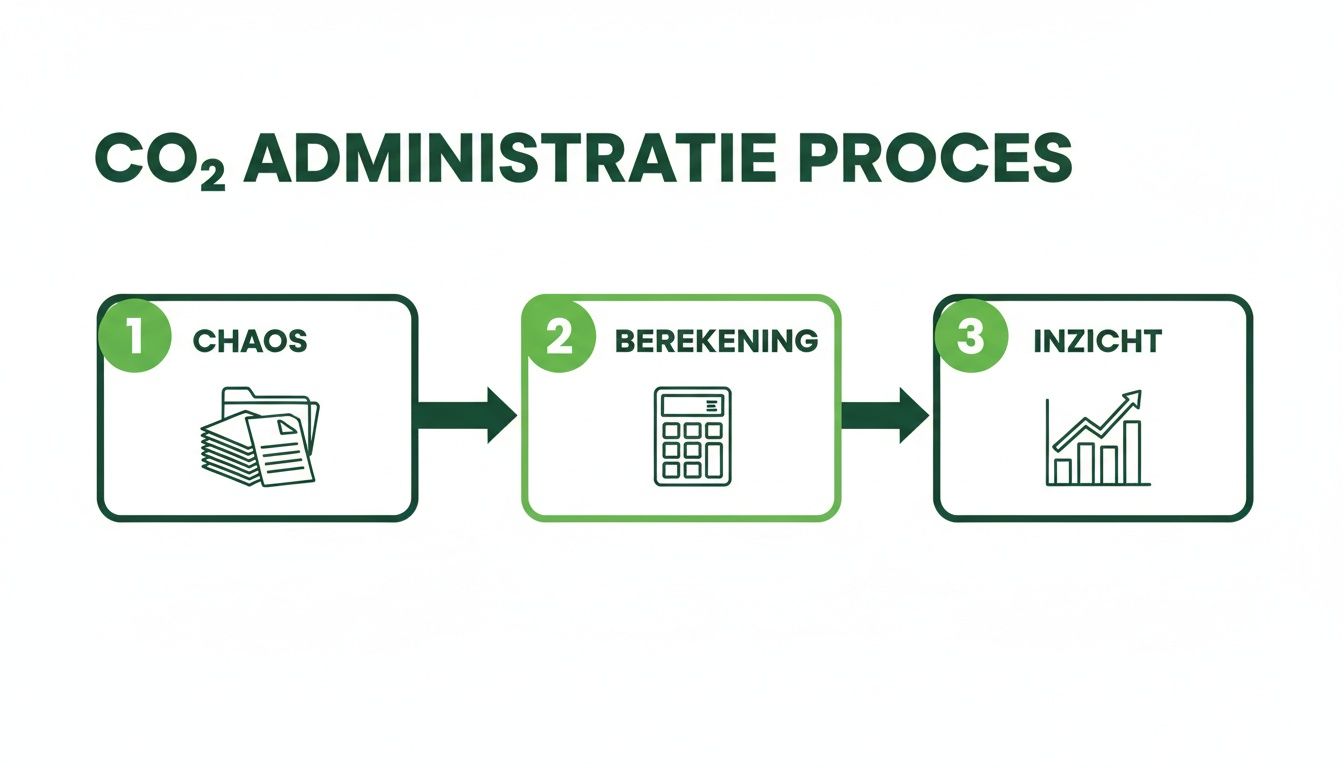 Een stroomschema van het CO2 administratie proces, met drie stappen van chaos naar berekening en inzicht.