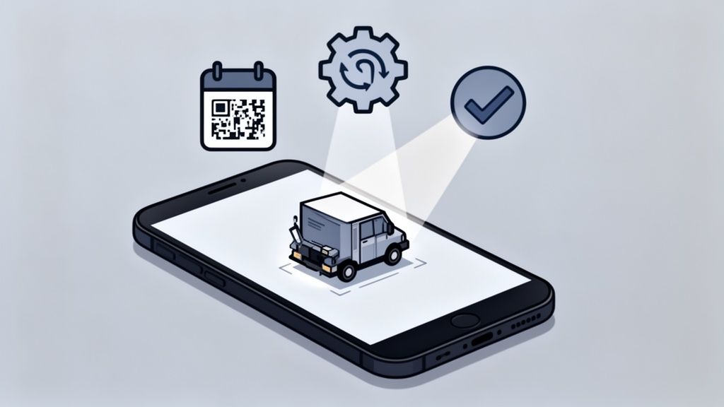 Een smartphone toont een bestelwagen met pictogrammen voor planning, tracking en succesvolle levering erboven.