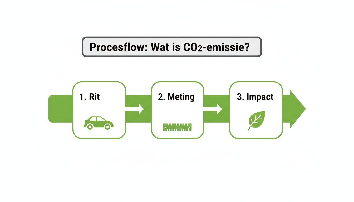 Processtroomdiagram van CO2-emissie, met stappen: rit (auto), meting (liniaal) en impact (blad).